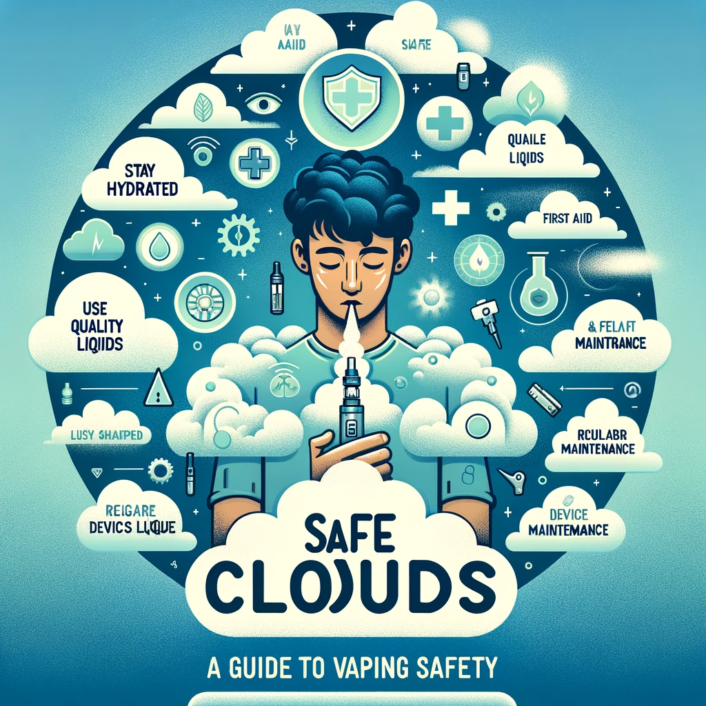 DALL·E 2023 12 15 20.18.57 A digital illustration for Safe Clouds A Guide to Vaping Safety. The image shows a central figure a person of indeterminate gender and diverse des
